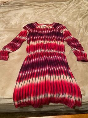 Parker Red and Plum Striped Pleated Long Sleeve Dress
